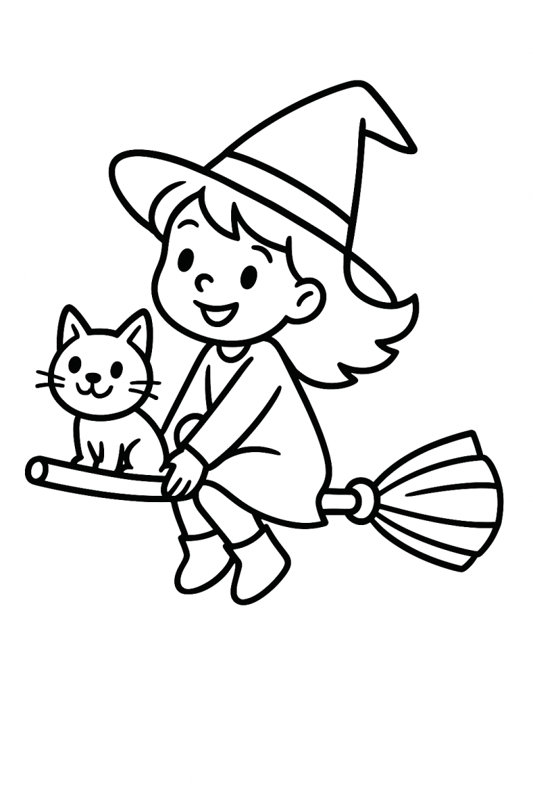 A cute witch and cat on a broomstick, coloring page
