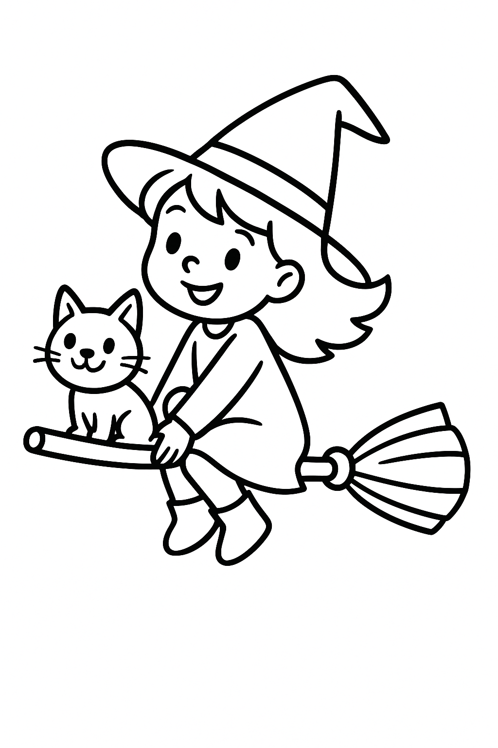 A cute witch and cat on a broomstick, coloring page