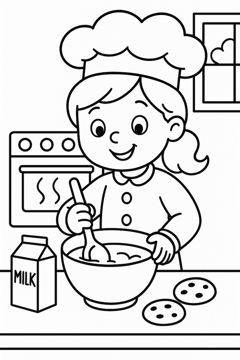 Young chef in the kitchen coloring page