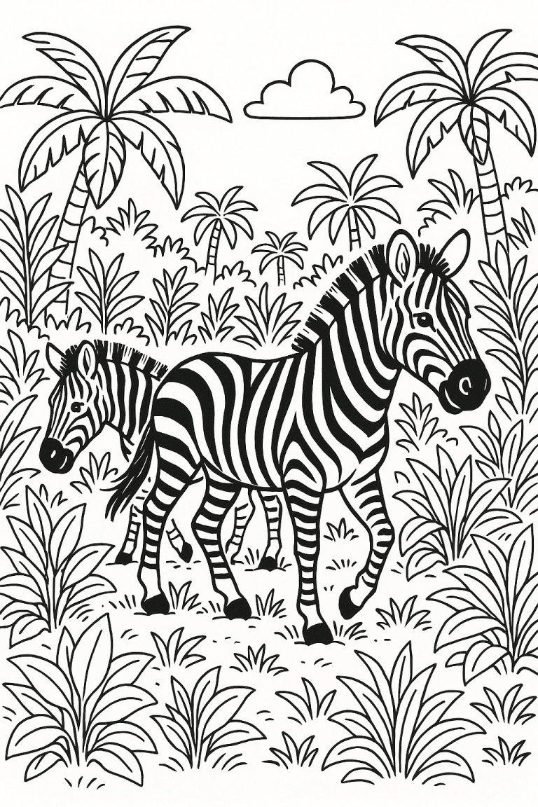 Zebra coloring page featuring zebras in a jungle setting.