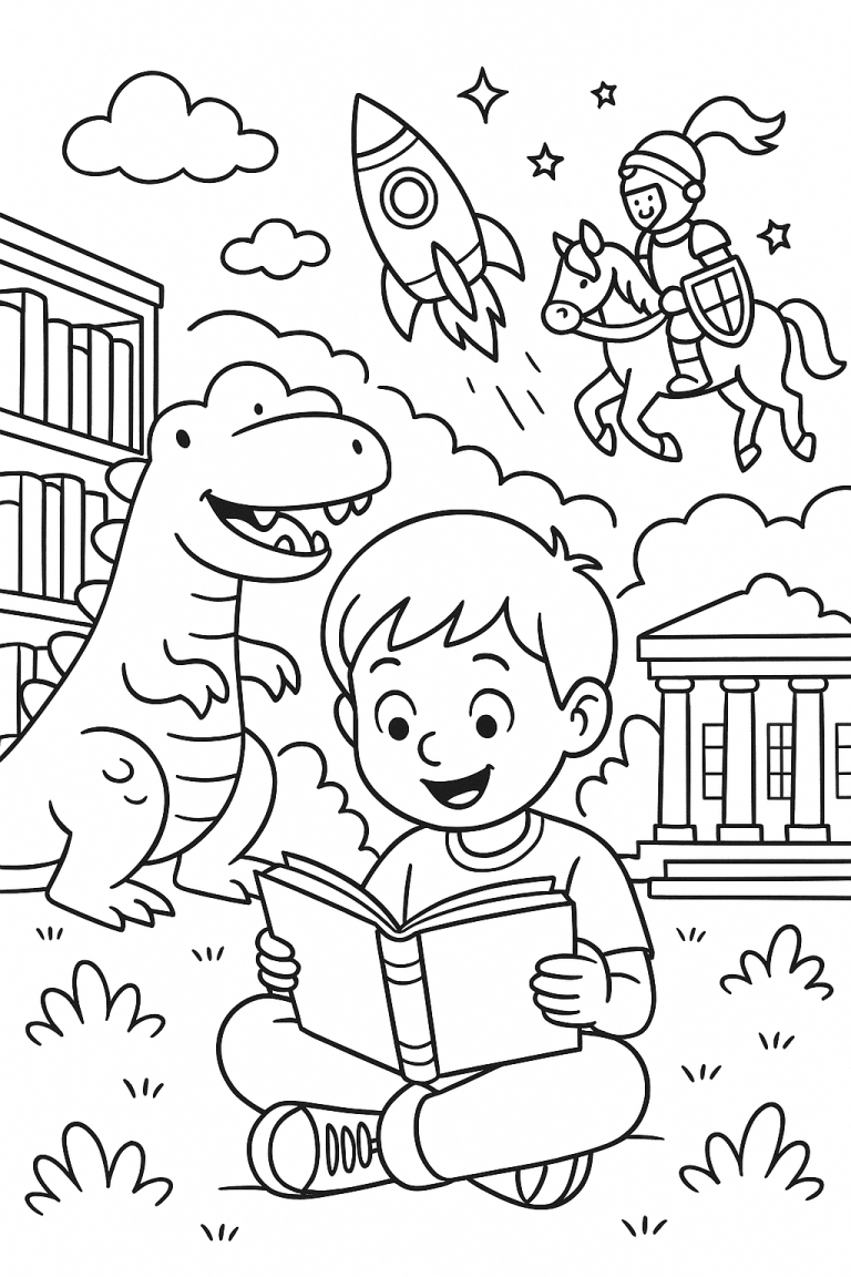 A child reading with a dinosaur, knight, and rocket.