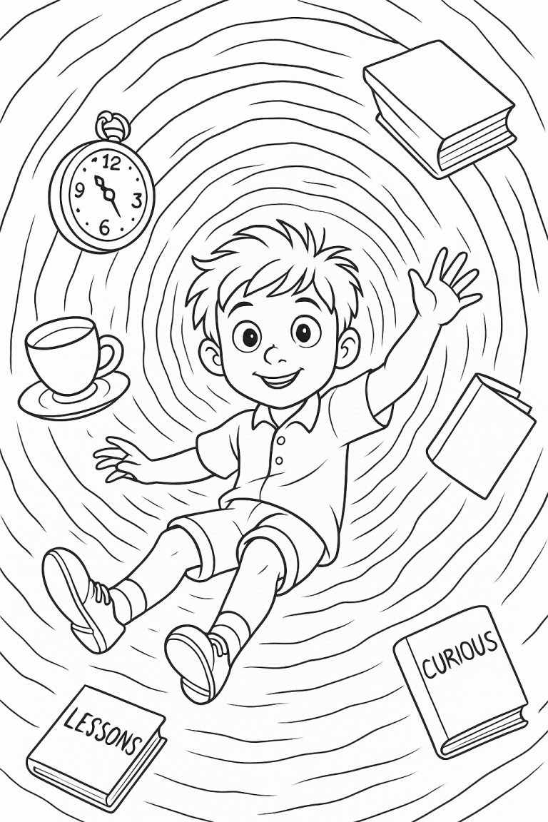 Coloring page of a child with books and clock