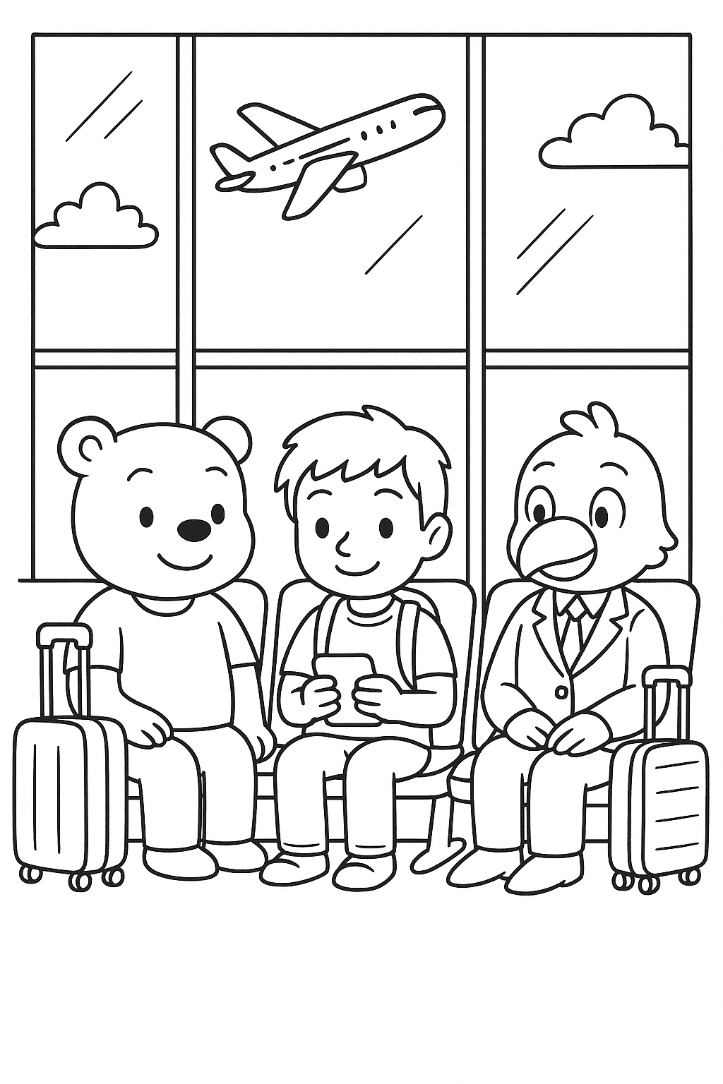 Airport adventure coloring page with child, bear, and bird.