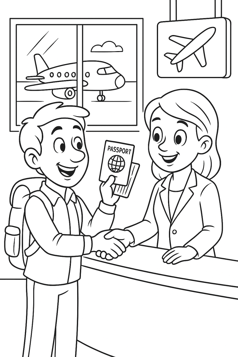 Children's airport adventure coloring page