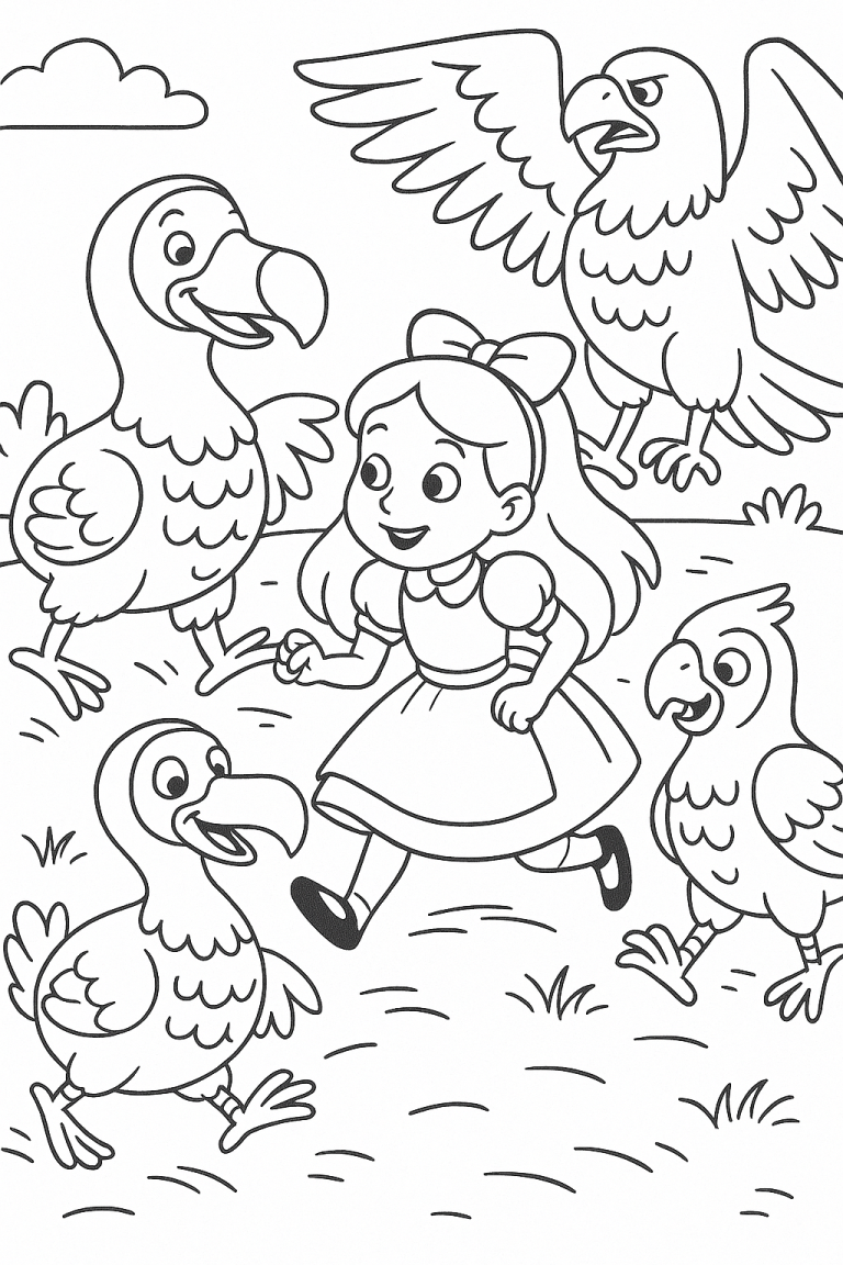 Alice playing with dodos in a whimsical scene.