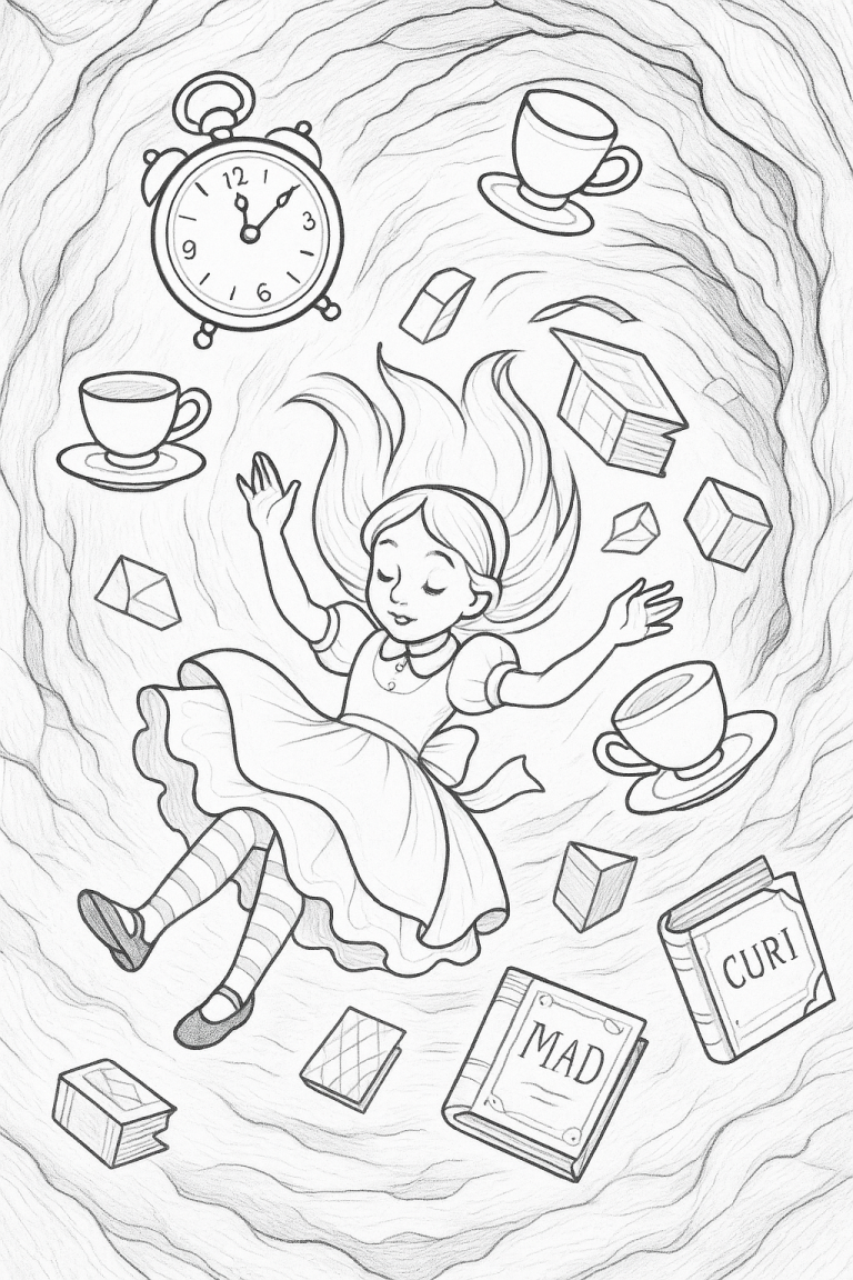 Alice falling through the rabbit hole with objects around her