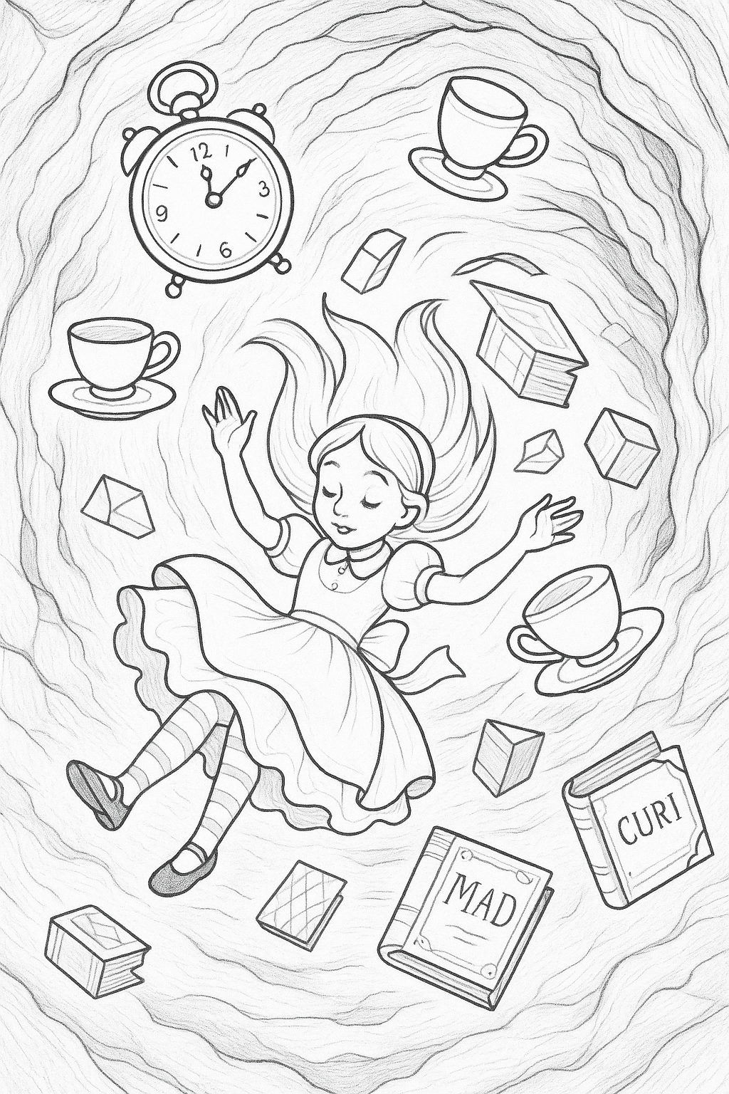 Alice falling through the rabbit hole with objects around her
