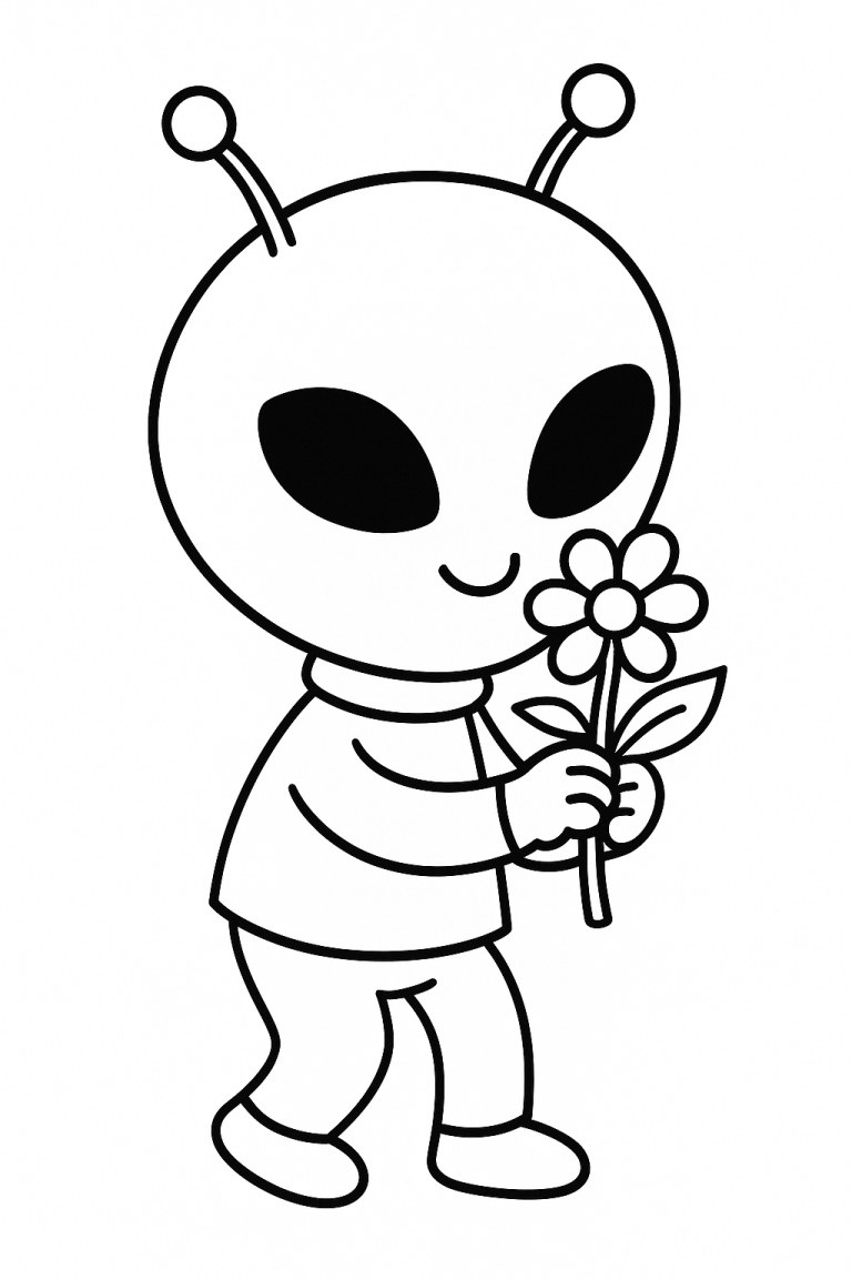 Alien coloring page with alien holding flower