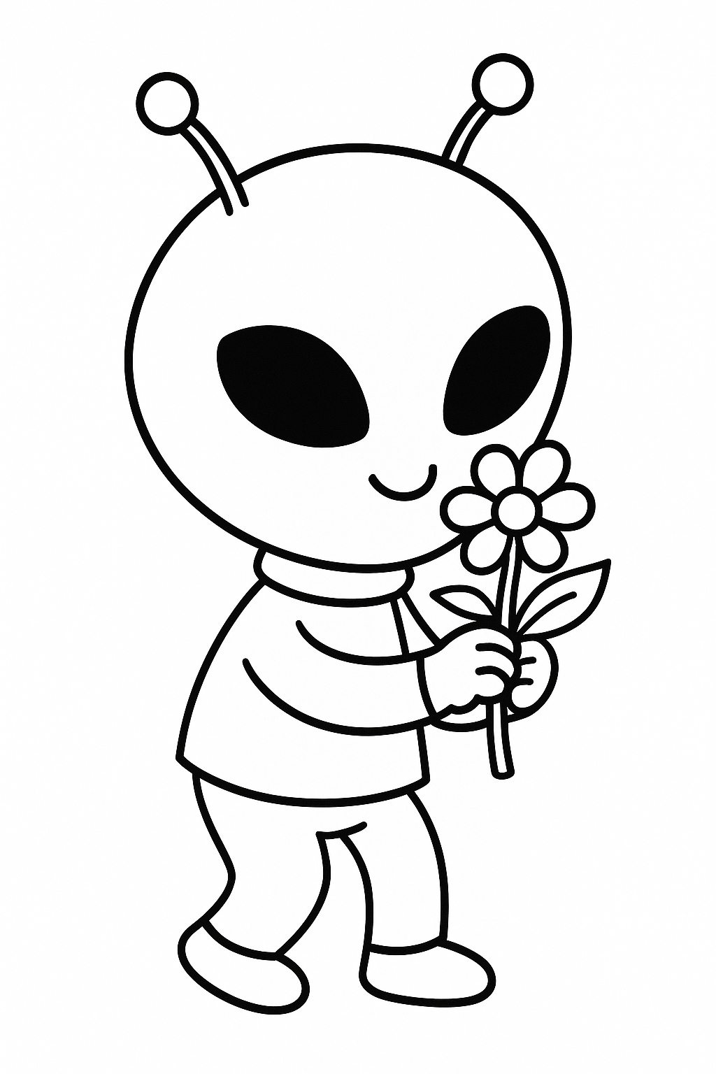 Alien coloring page with alien holding flower