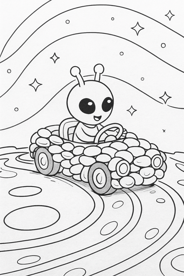 Alien driving a stone-like car on a cosmic road