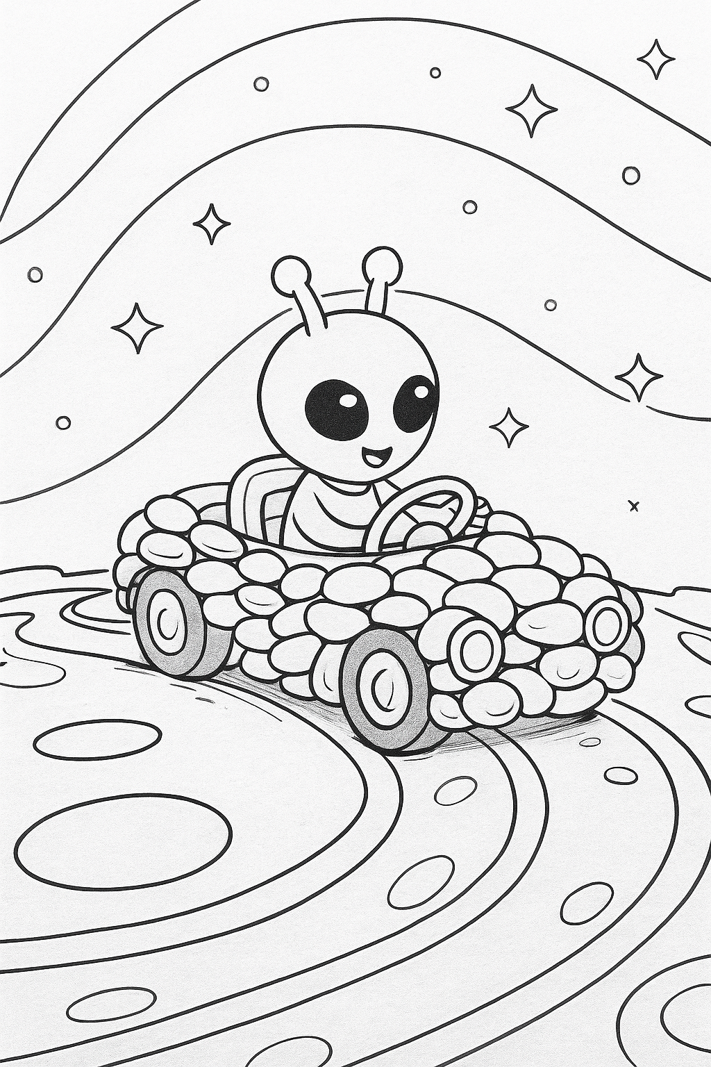 Alien driving a stone-like car on a cosmic road