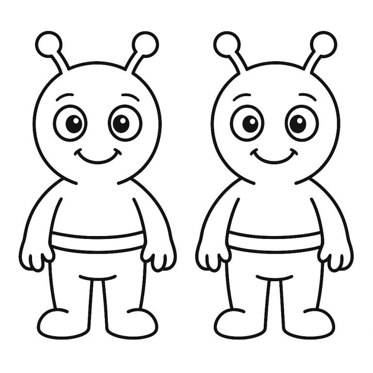 Two friendly aliens on a coloring page