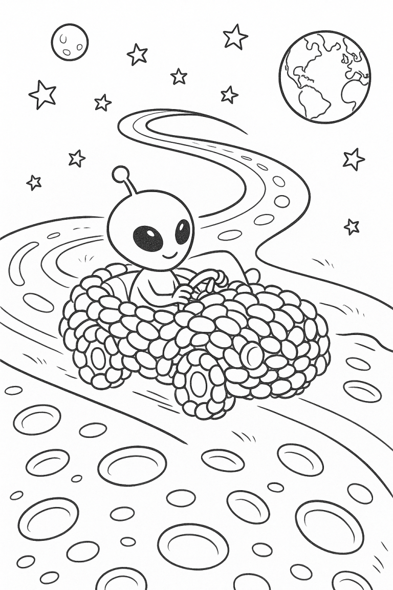 Alien driving bubble car on space road