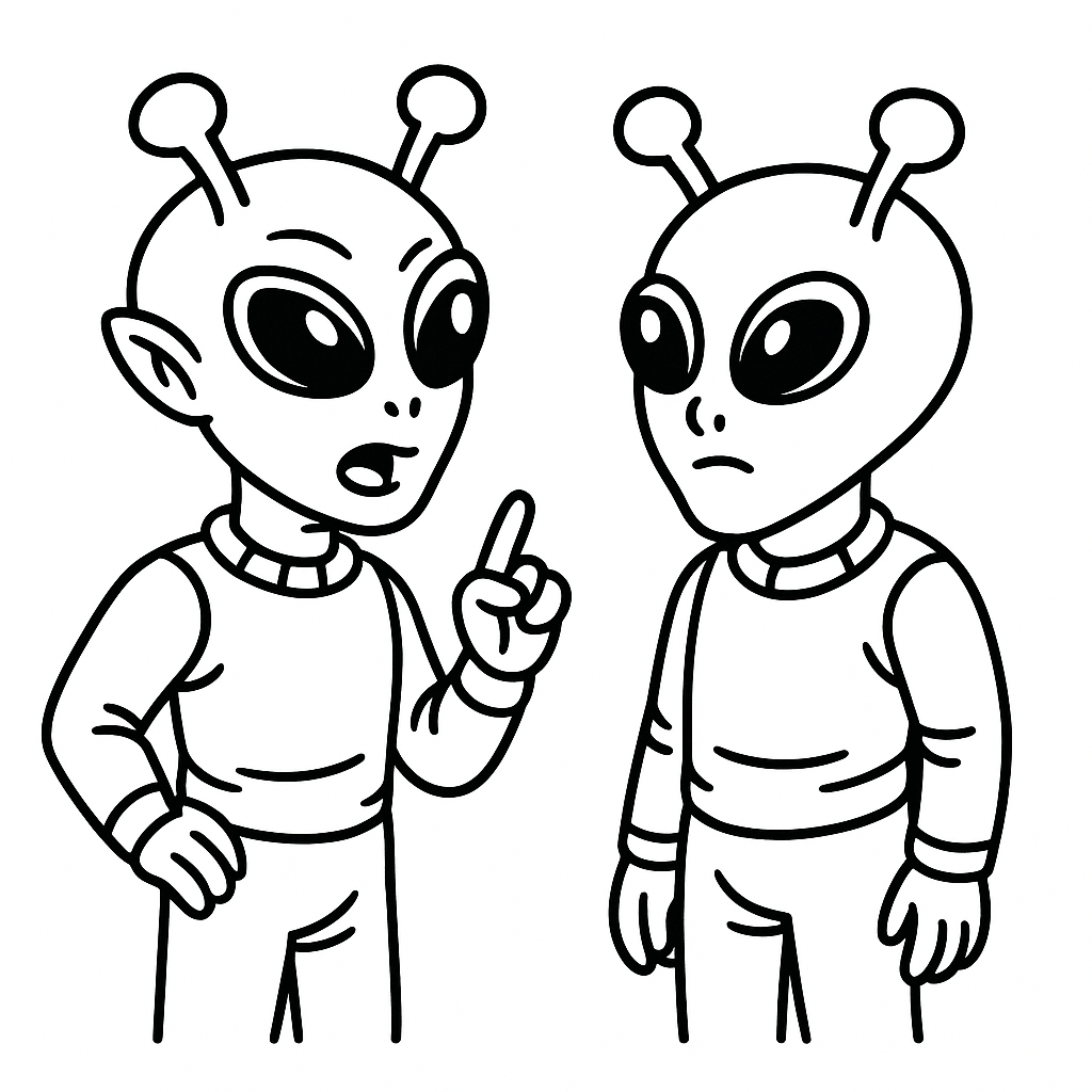 Two cartoon aliens on a coloring page