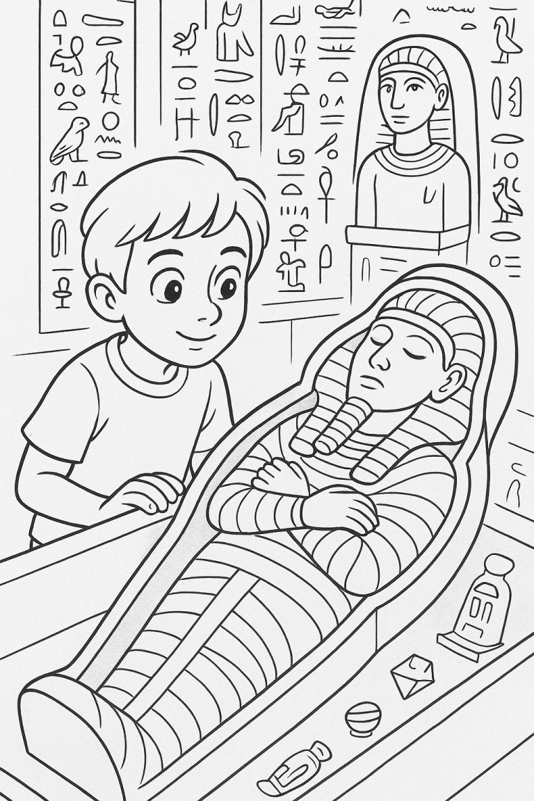 Child with sarcophagus in Ancient Egyptian setting