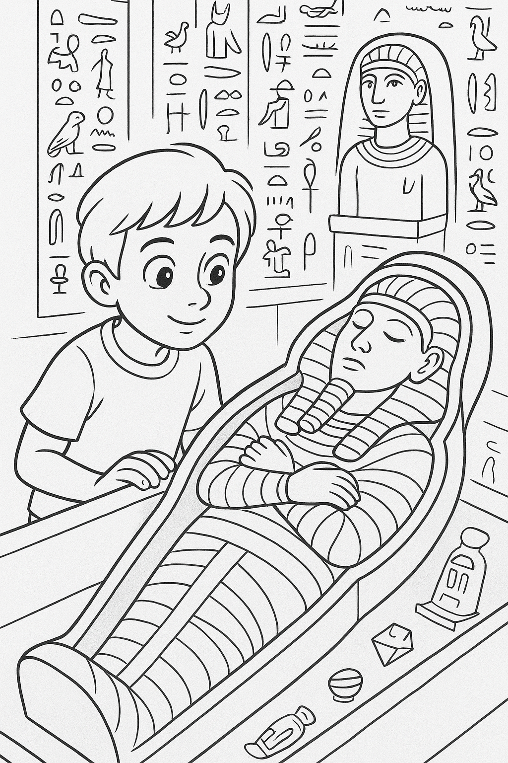 Child with sarcophagus in Ancient Egyptian setting