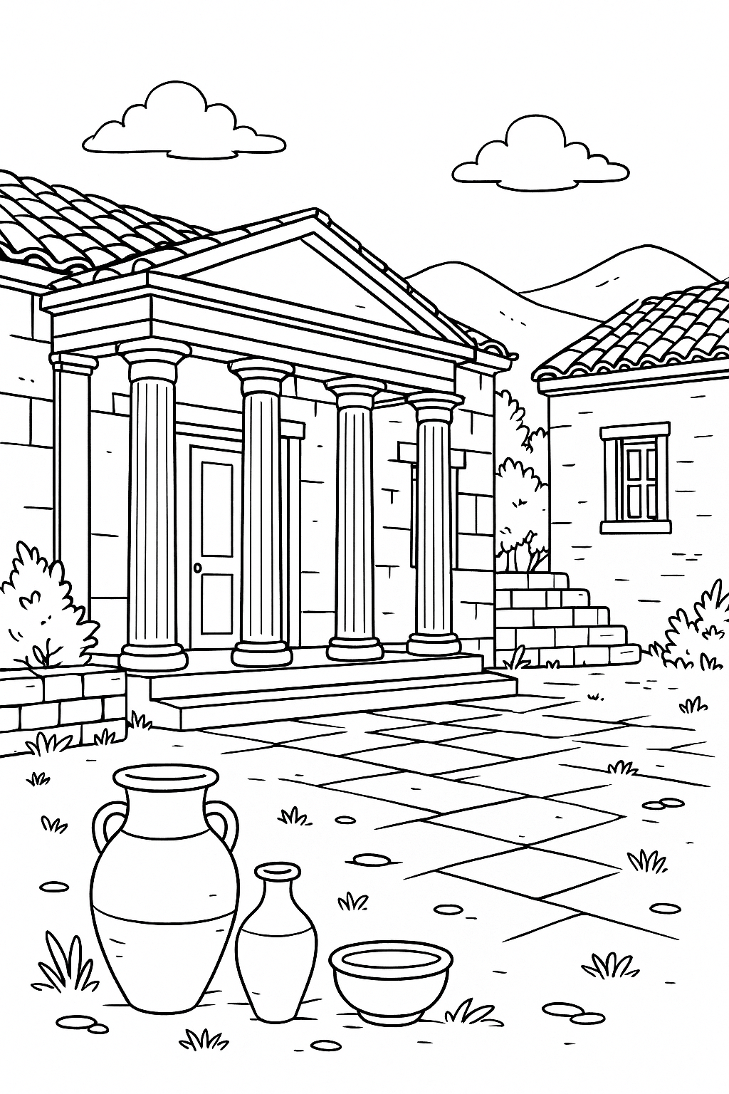 Children's coloring page of ancient Greek buildings