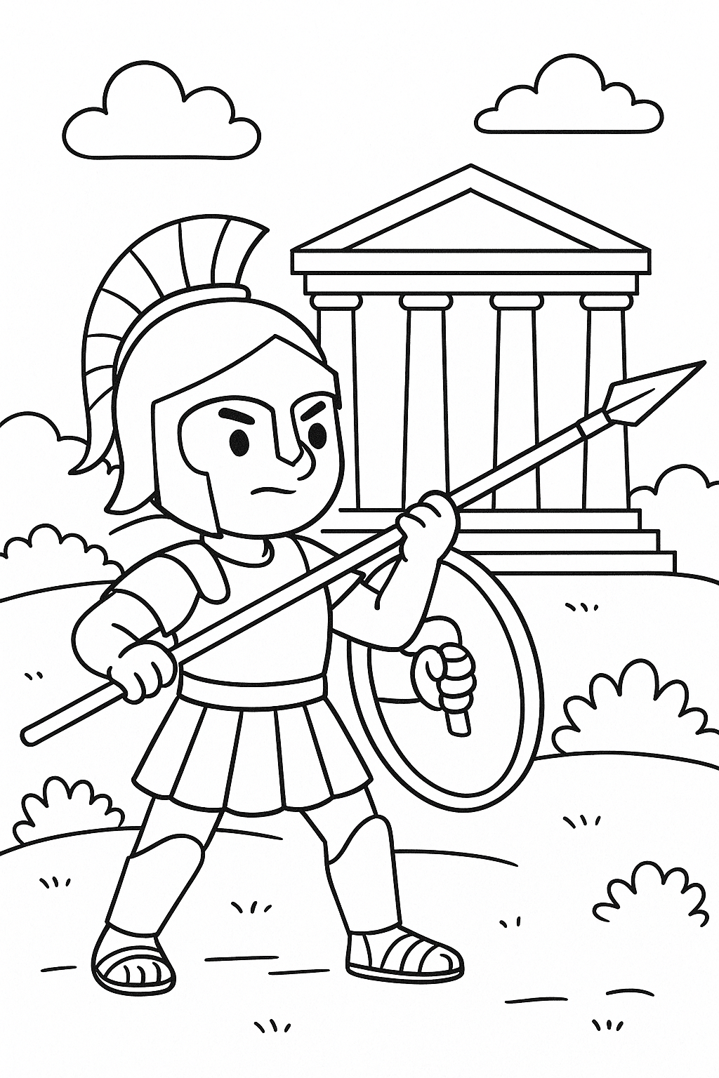 Children's coloring page of an ancient warrior with a spear and shield.