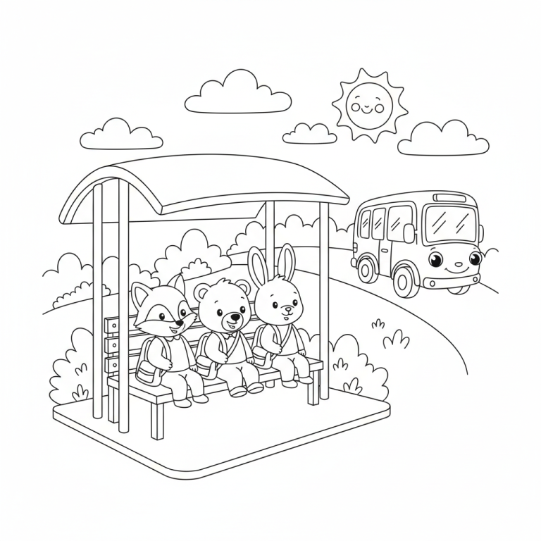 Coloring page of animals sitting at a bus stop.
