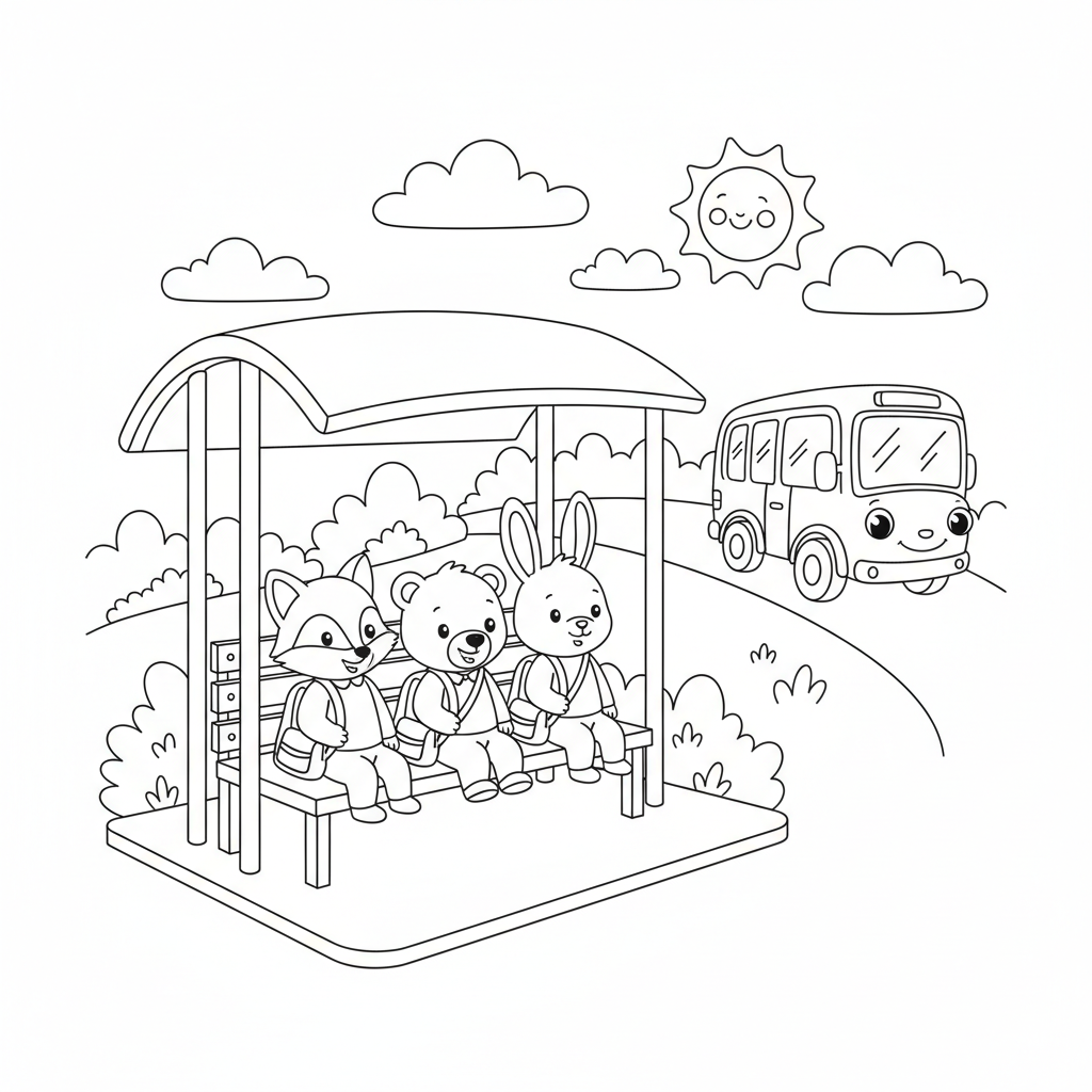 Coloring page of animals sitting at a bus stop.