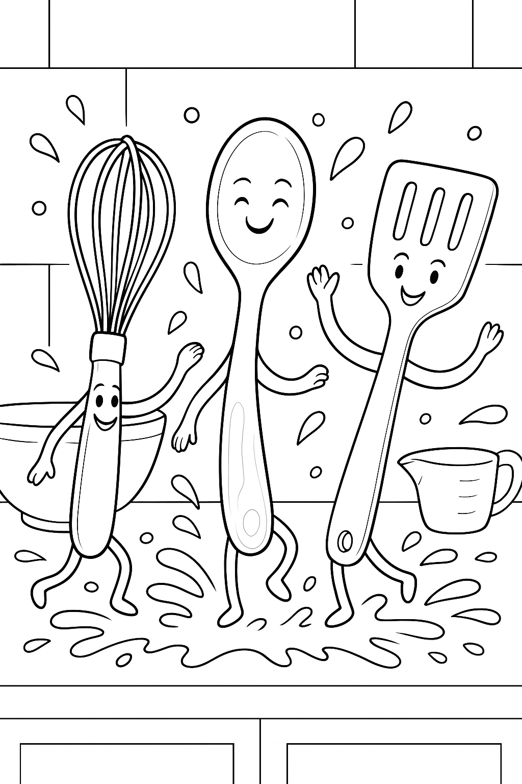Coloring page of animated kitchen tools like a whisk, spoon, and spatula dancing.