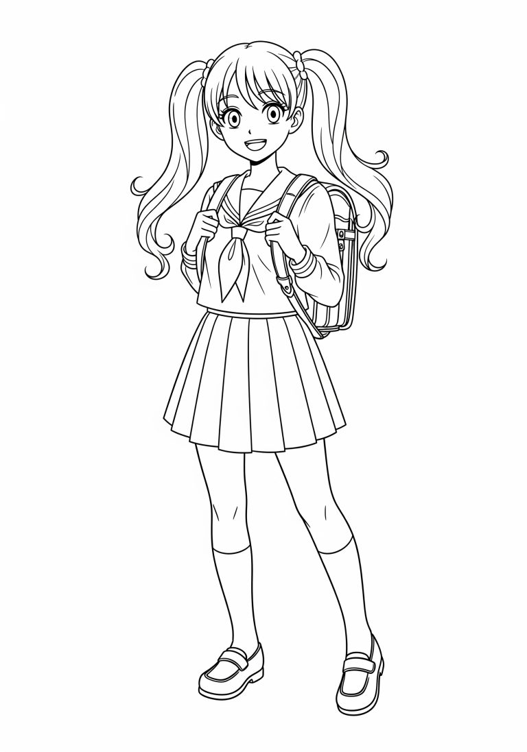 Anime school girl with backpack coloring page