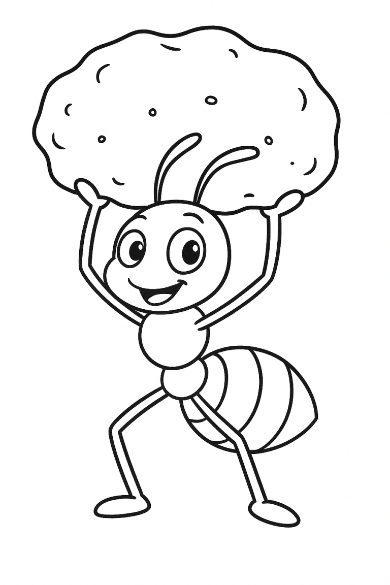 Coloring page of a smiling ant with food