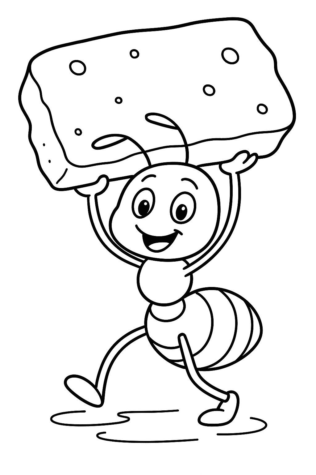 Happy ant carrying a large piece of bread coloring page