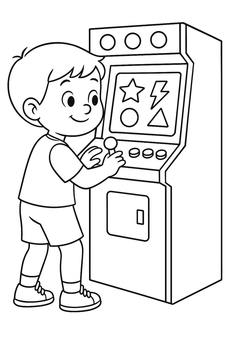 Boy playing with an arcade machine coloring page