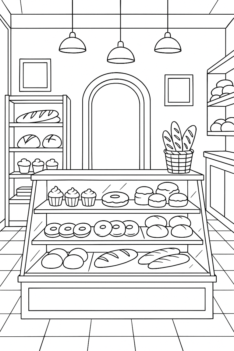 Children's coloring page of a bakery with pastries and bread.
