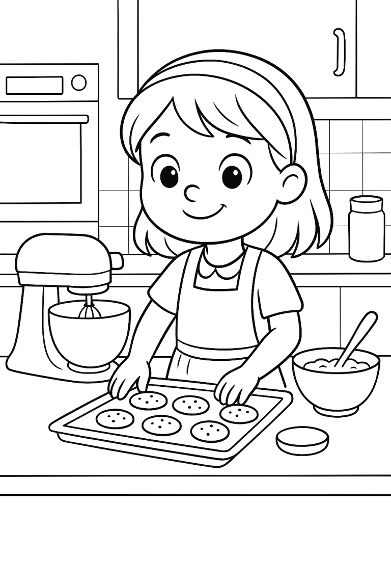 Girl baking cookies coloring page