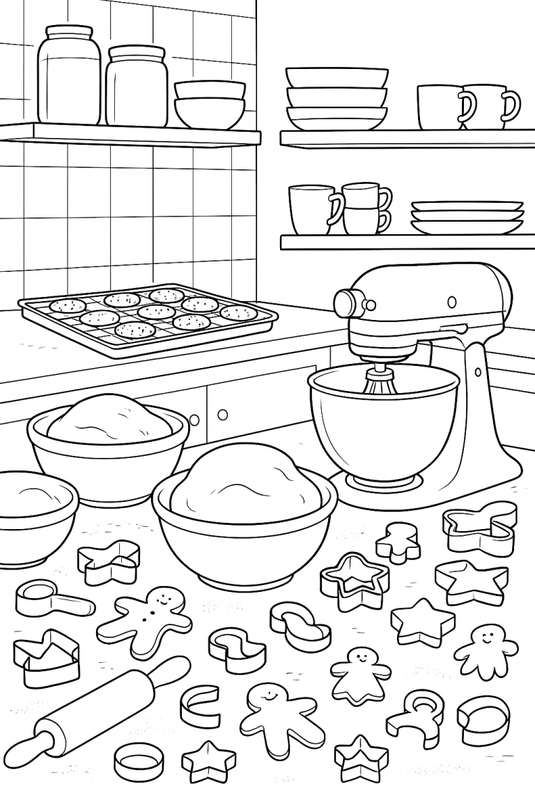 Baking kitchen scene coloring page with cookie cutters and dough.