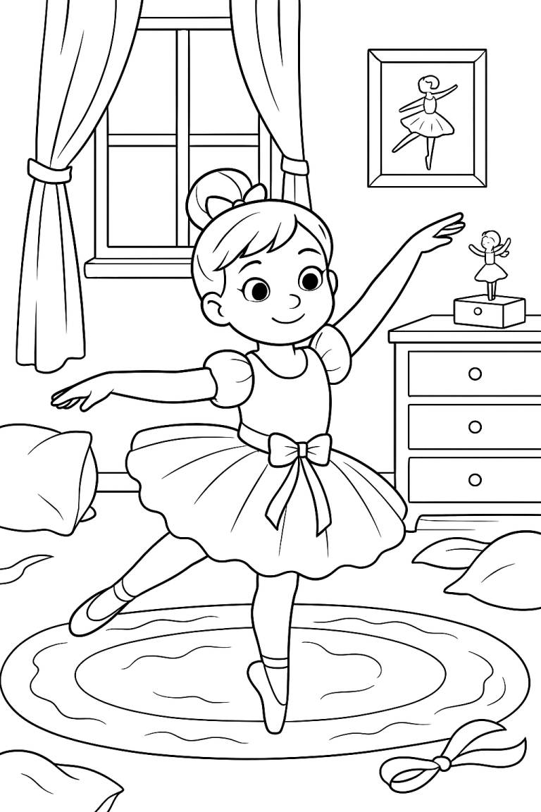 A ballerina in a playful pose in a child's room