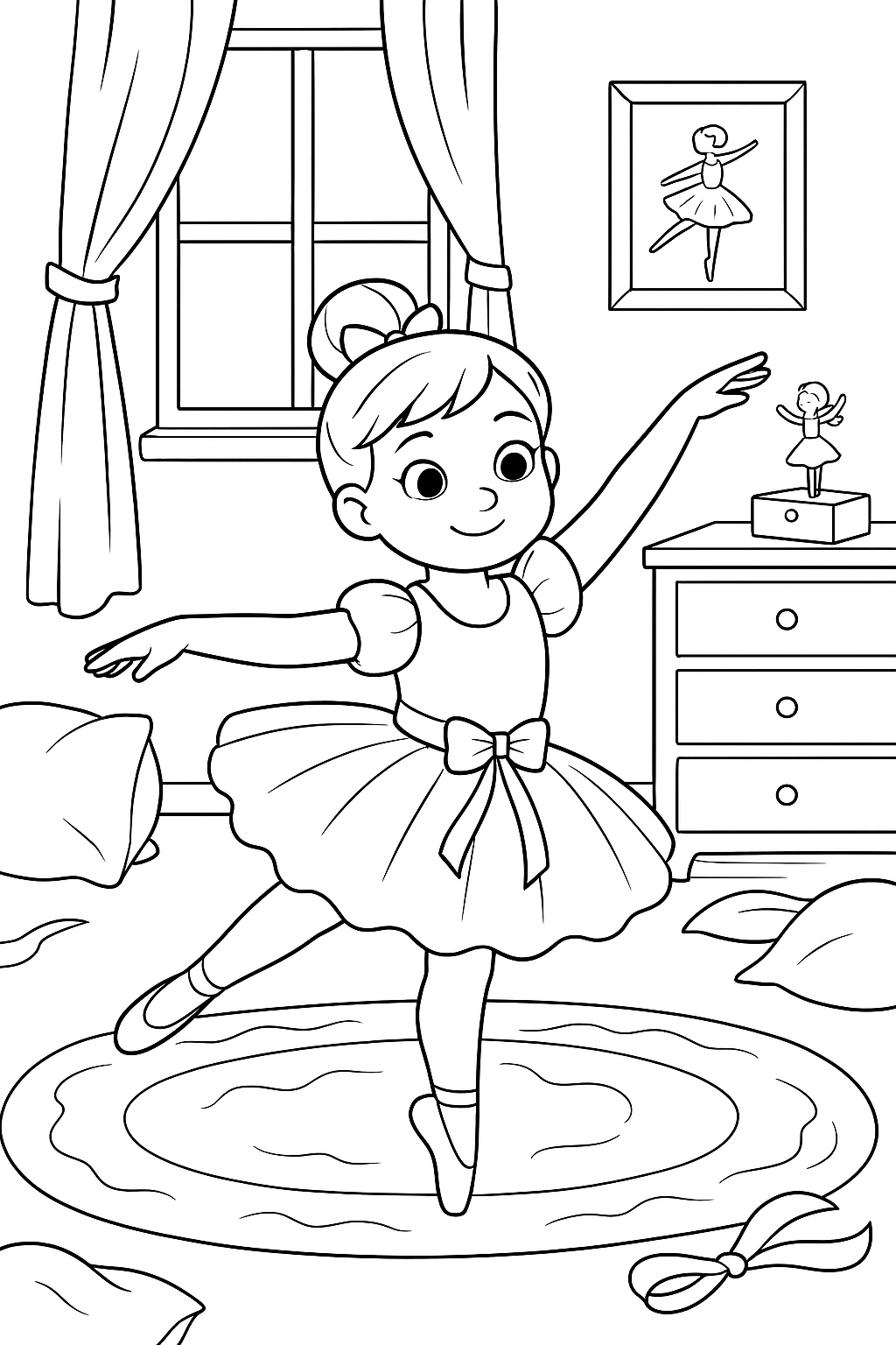A ballerina in a playful pose in a child's room