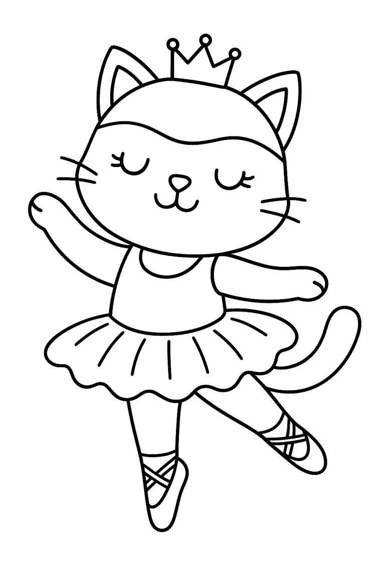 Coloring page of a cute ballet cat with a crown