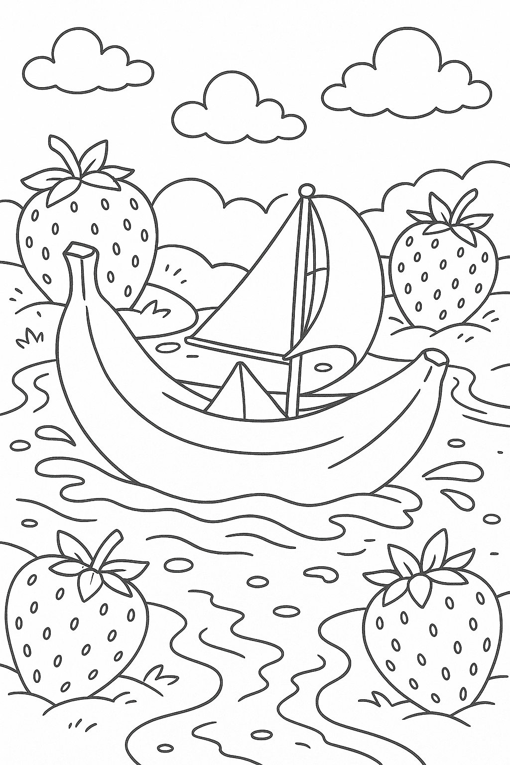 Whimsical banana-shaped boat with strawberries