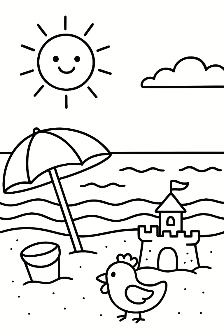 Children's beach coloring page with sandcastle and umbrella