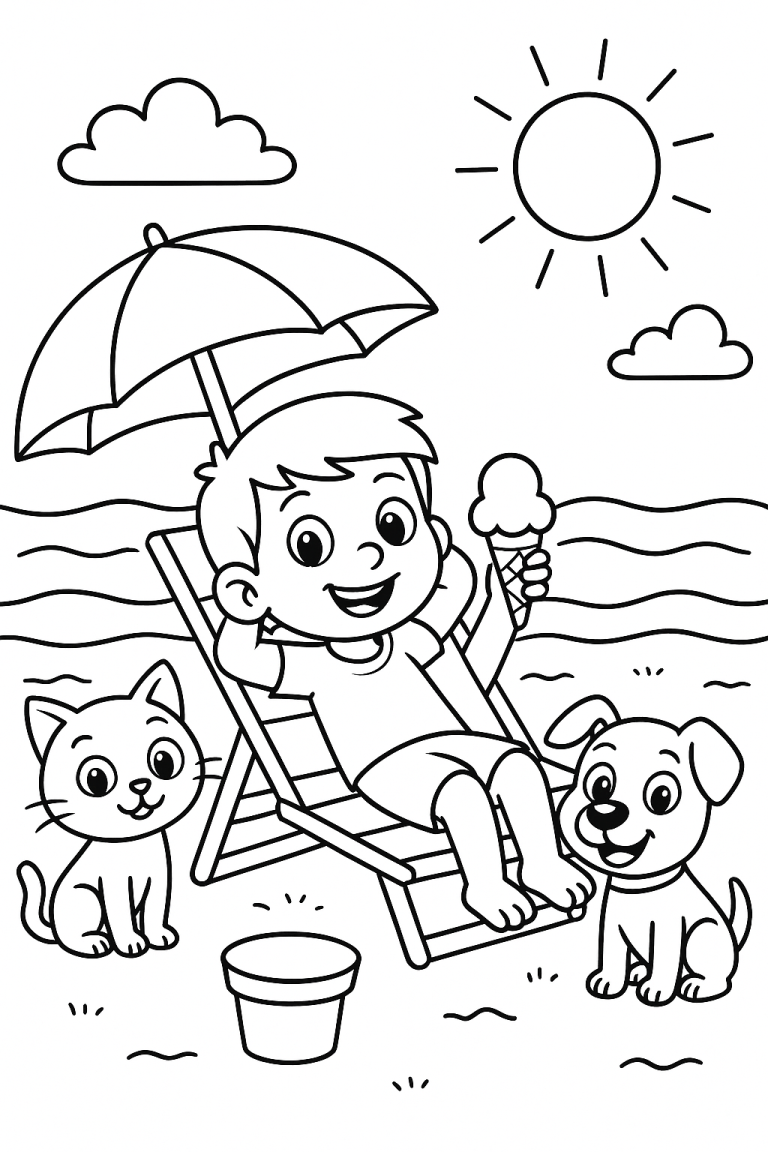 Child with cat and dog on beach coloring page