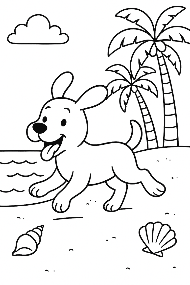 Puppy playing on a beach with palm trees and shells.
