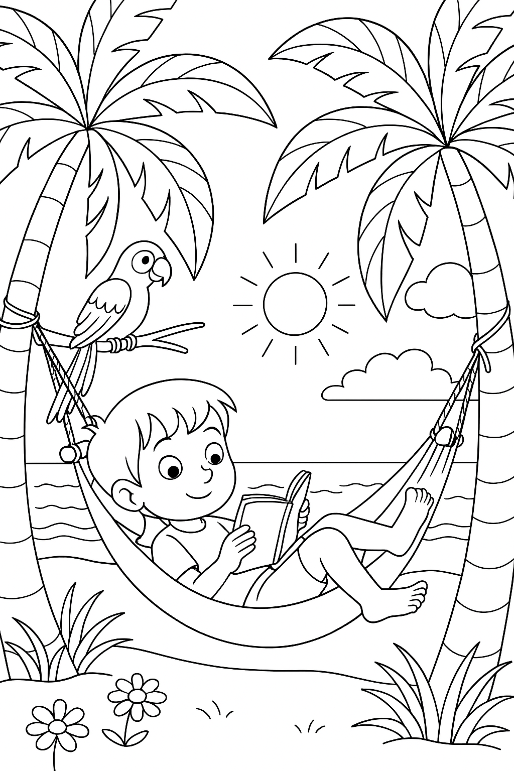 Child reading in a hammock on a beach