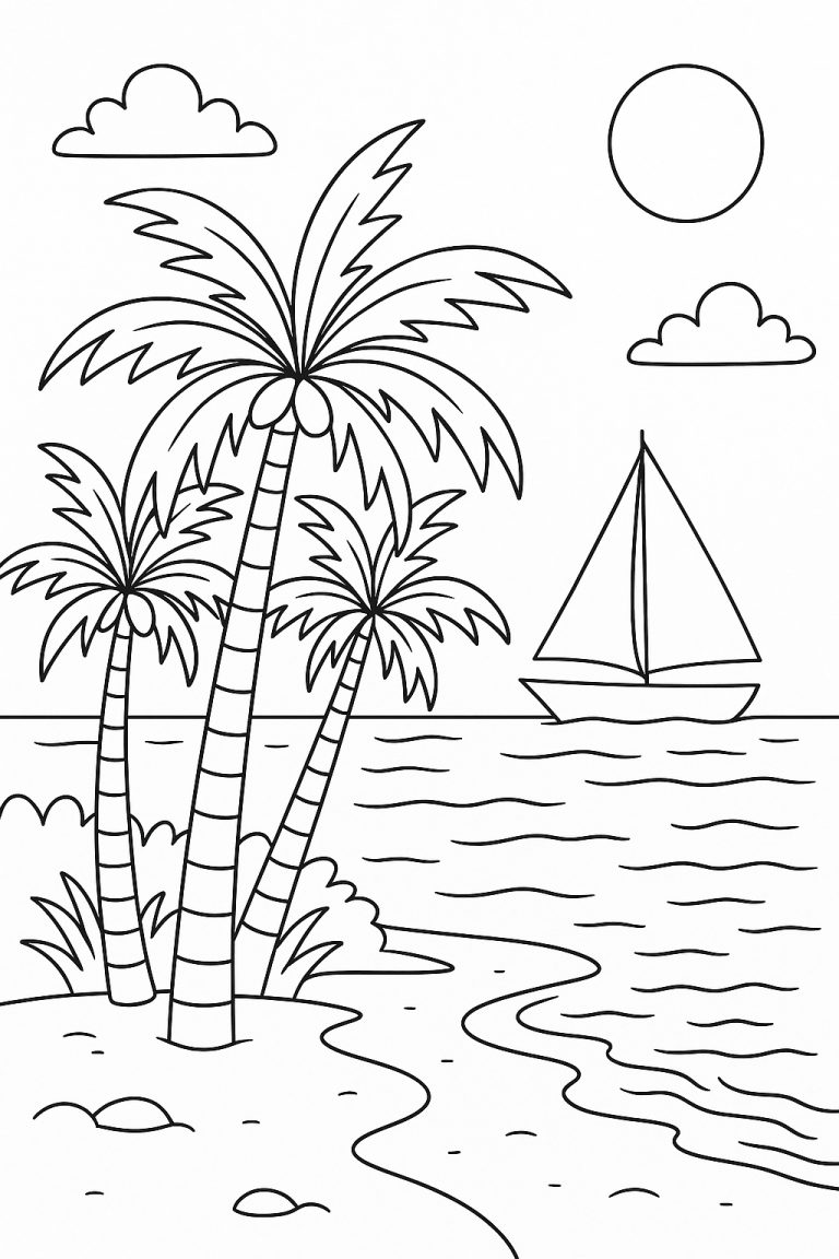 Beach scene coloring page with palm trees and a sailboat.