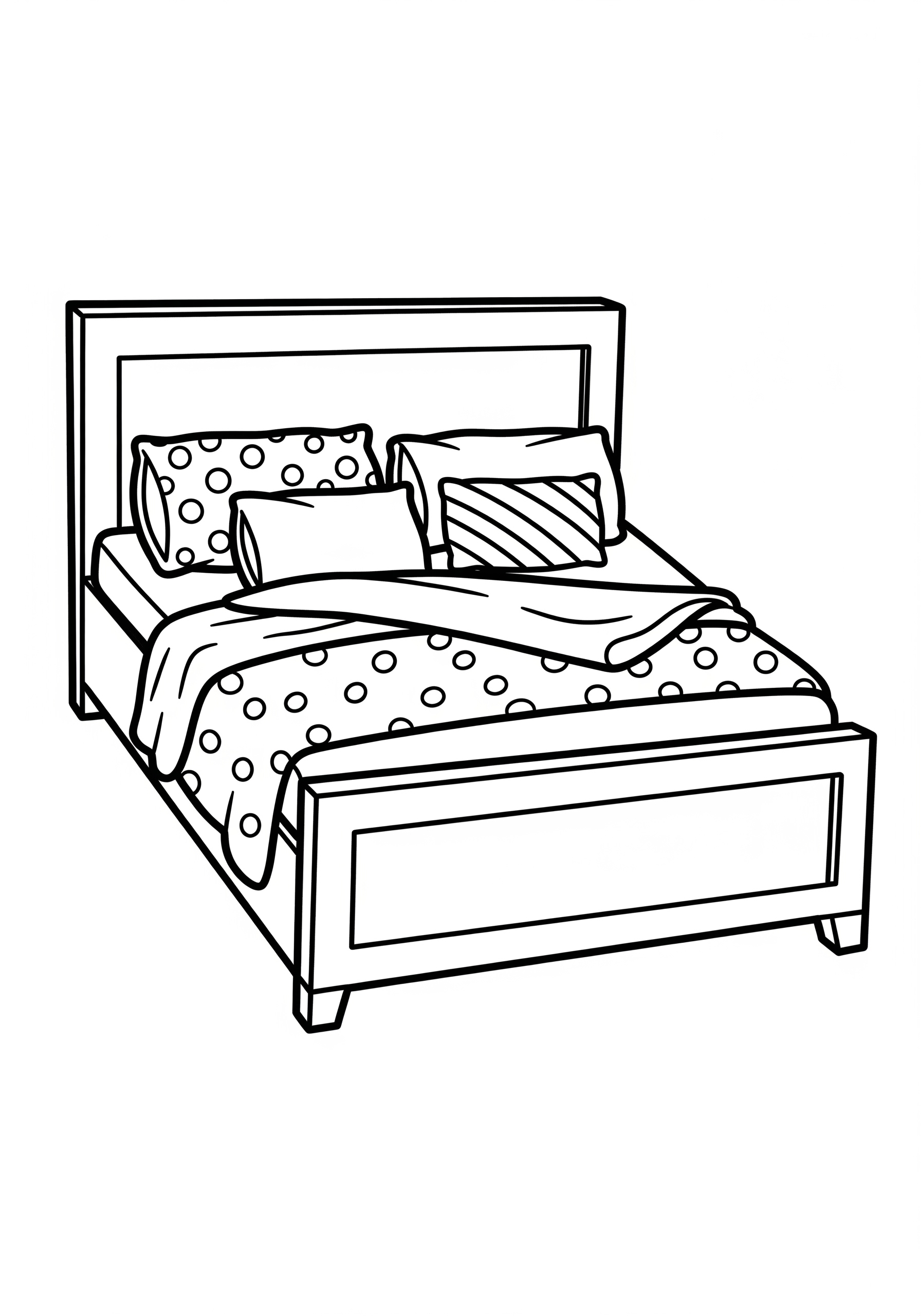 Children's coloring page of a bed with pillows and blanket