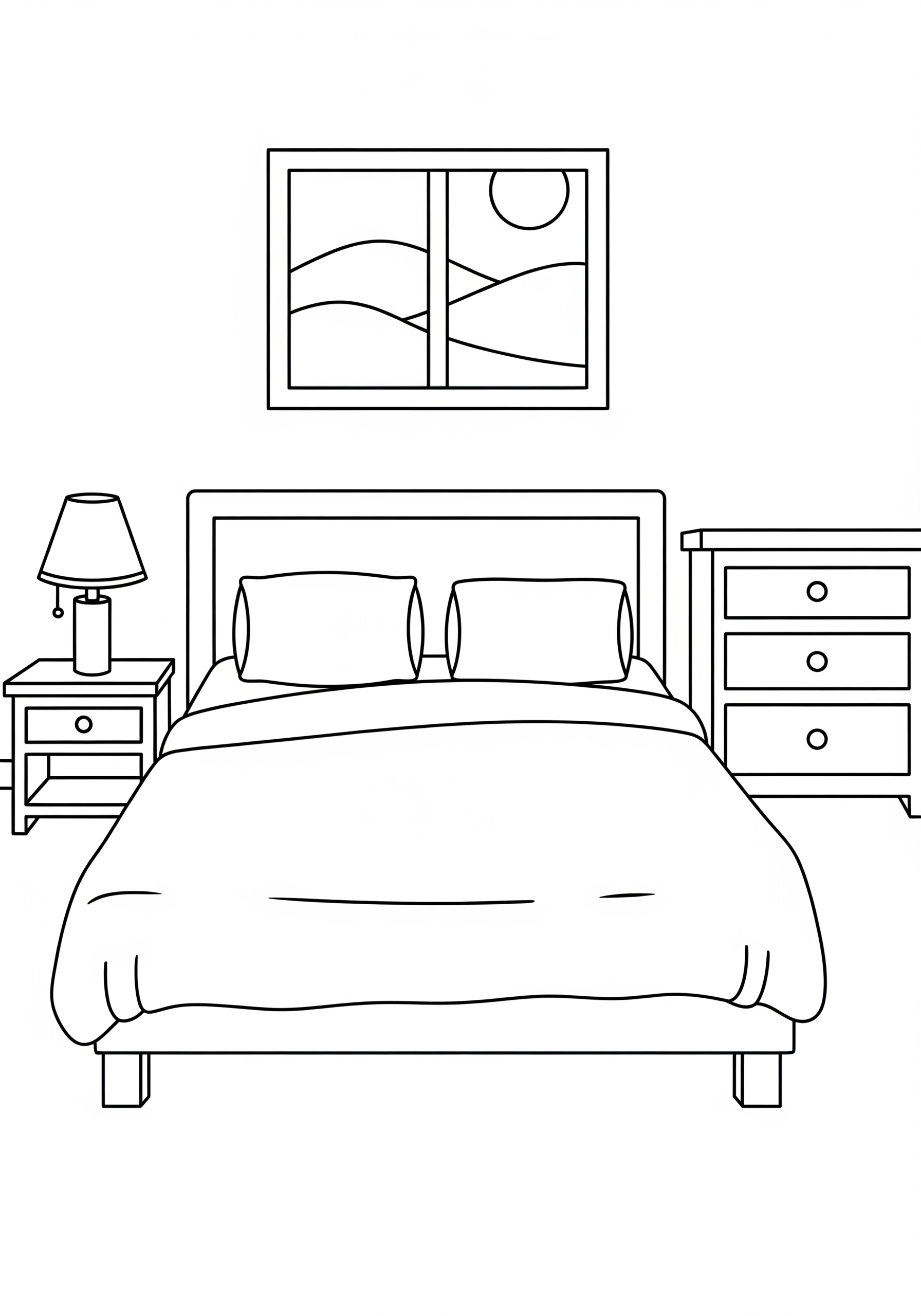 Children's coloring page of a bedroom with furniture
