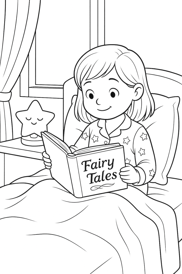 Child reading a fairy tale book in bed.