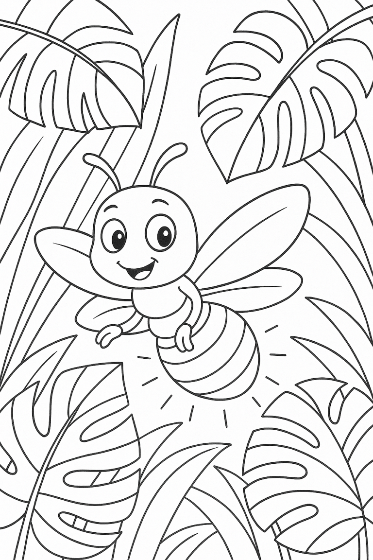 Happy bee surrounded by leaves