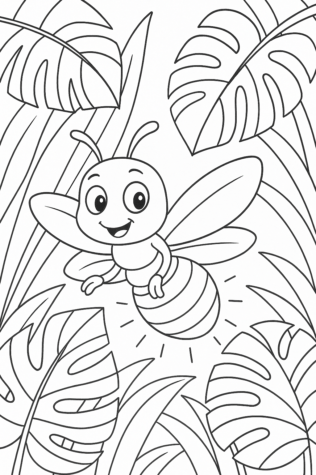 Happy bee surrounded by leaves