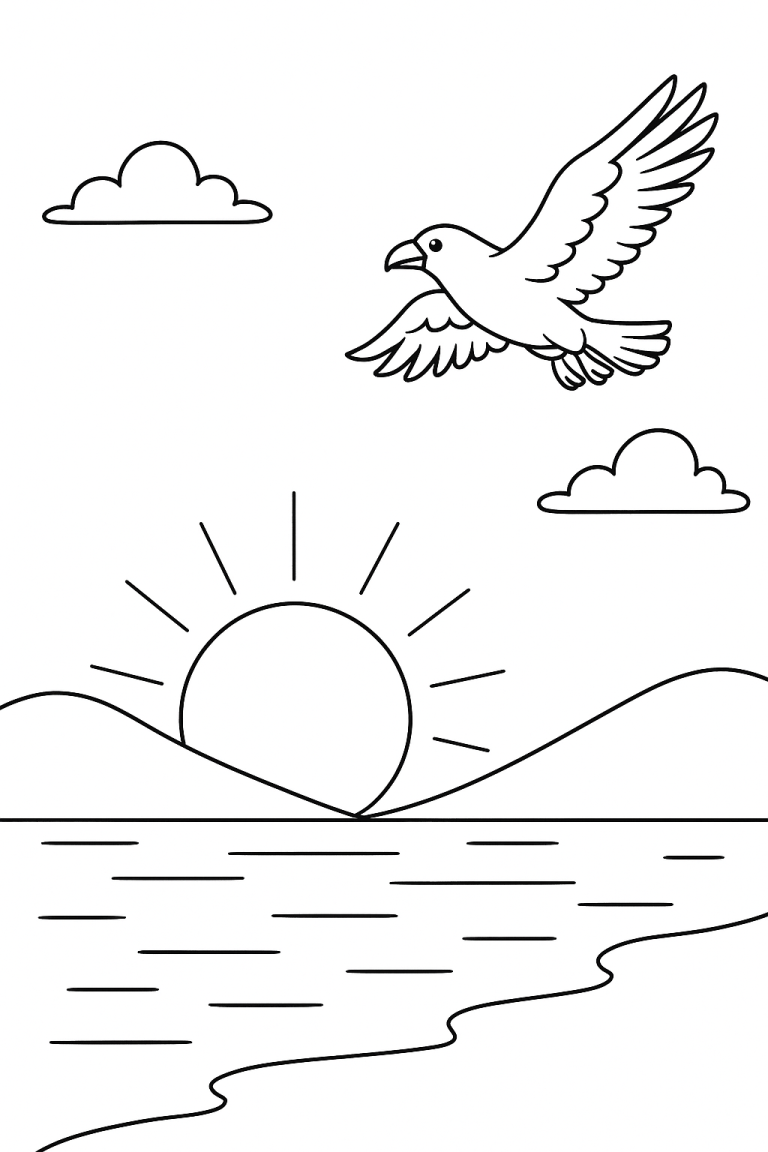 Bird flying over a sunrise landscape coloring page
