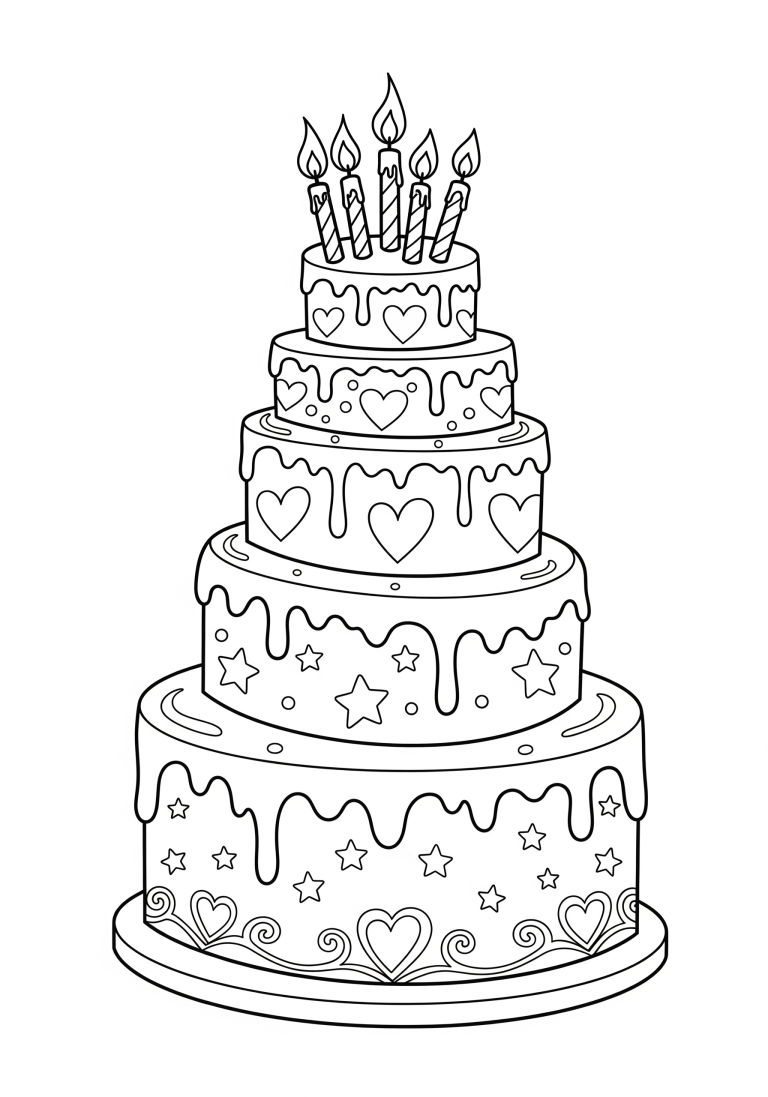 Birthday cake coloring page with candles and hearts