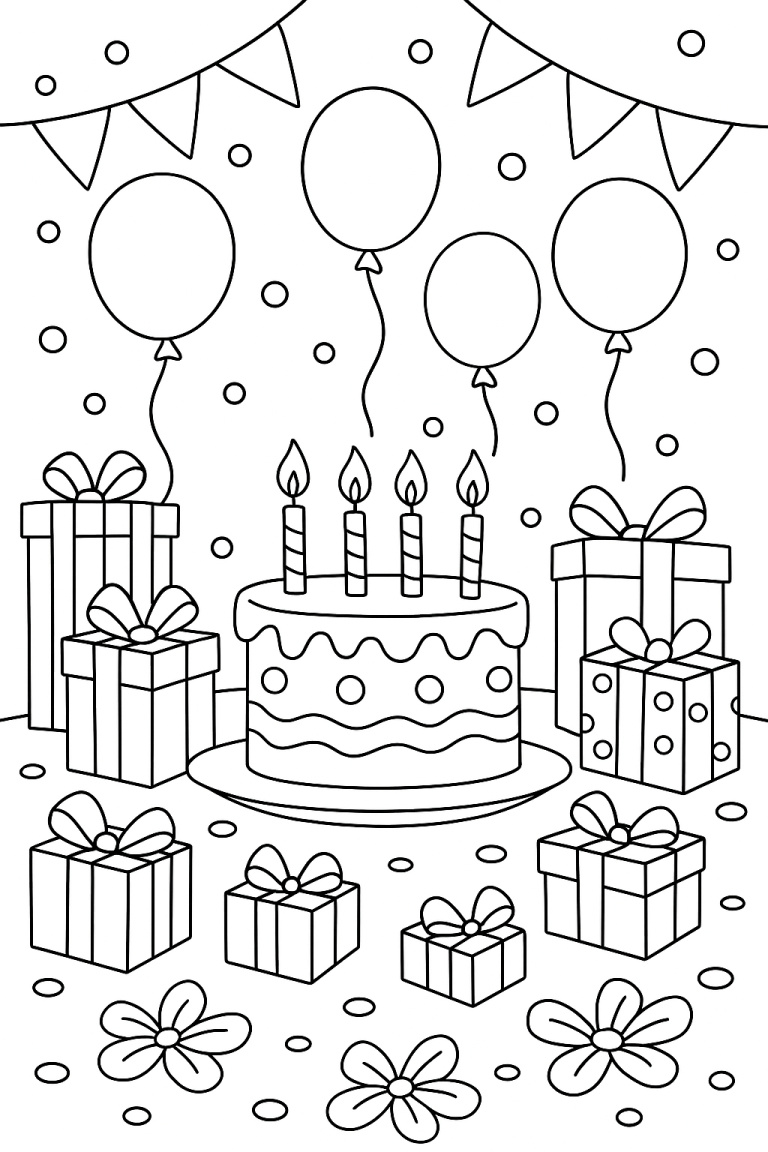 Birthday celebration coloring page with cake, gifts, and balloons.