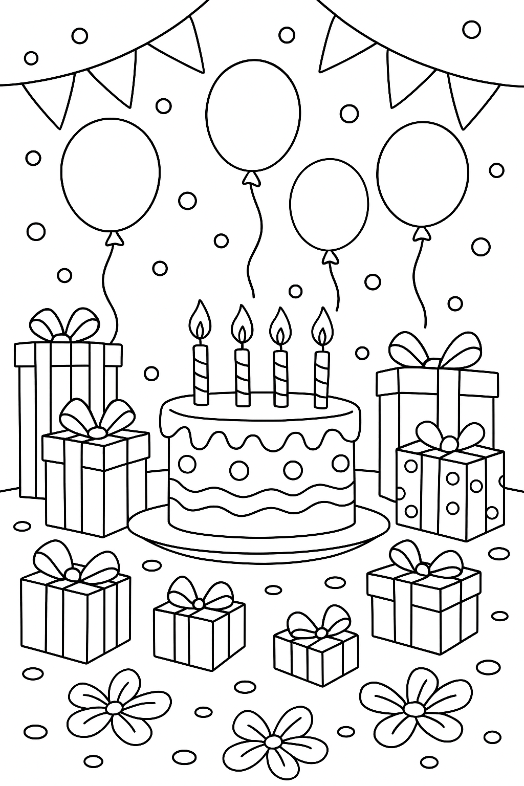 Birthday celebration coloring page with cake, gifts, and balloons.